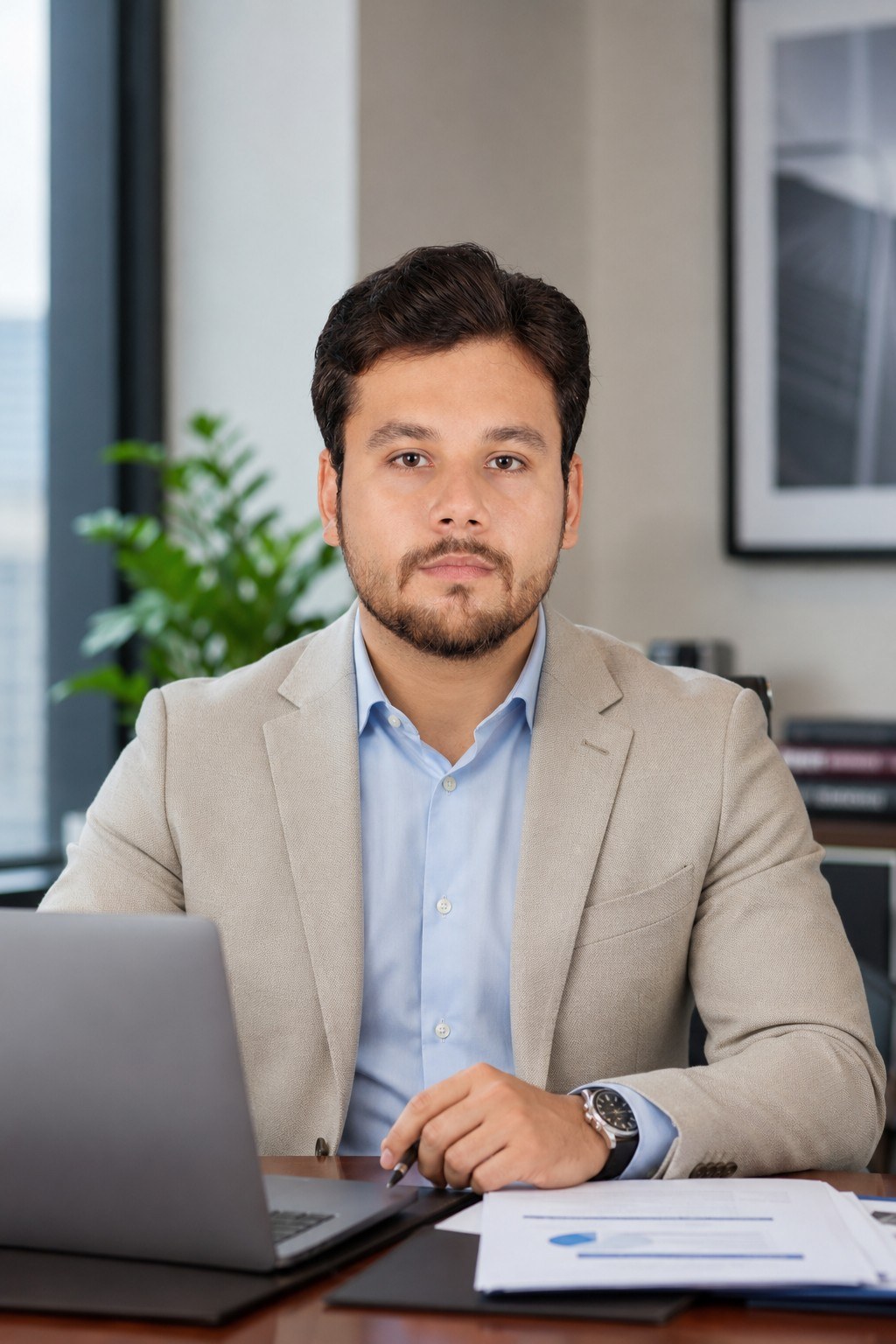 Hussain Naqvi in a light grey blazer and blue shirt in an office